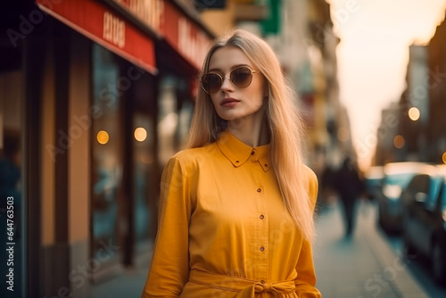 young beautiful caucasian woman in yellow dress walking in city center. AI Generated
