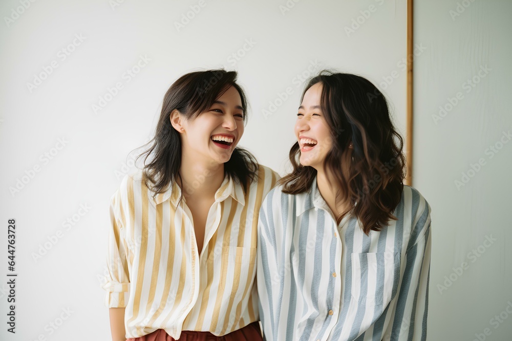 Funny Japanese best girl friends laughing cheerfully while standing together in a studio. generative AI Funny Japanese best girl friends laughing cheerfully while standing together in a studio. generative AI