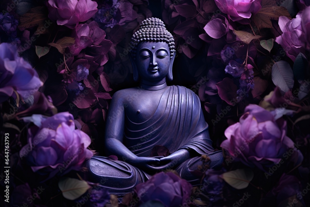 Buddha statue with purple flowers in the background..Generative Ai