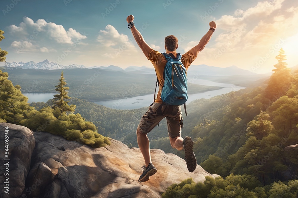happy tourist with backpack jumping in rocky mountain landscape, active sport and lifestyle concept.happy tourist with backpack jumping in rocky mountain landscape, active sport and lifestyle concept.