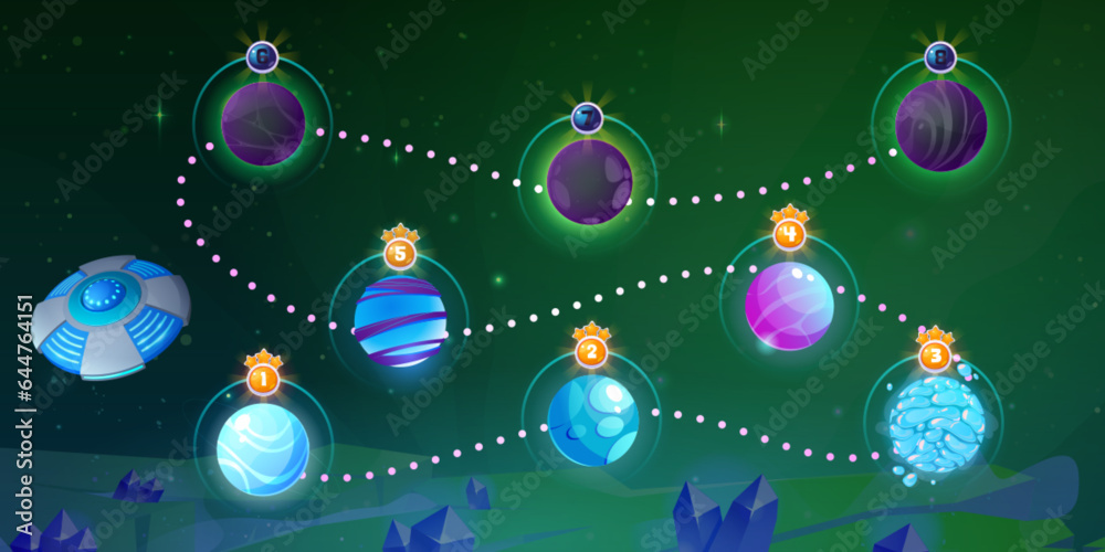 Space game ui level map with planet vector galaxy background. Alien ufo for 2d arcade mobile videogame flying near asteroid in cosmos for high score. Childish adventure app route landscape design Space game ui level map with planet vector galaxy background. Alien ufo for 2d arcade mobile videogame flying near asteroid in cosmos for high score. Childish adventure app route landscape design