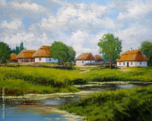 Old house on the river, old village on the river. Oil paintings rural spring landscape, artwork. 