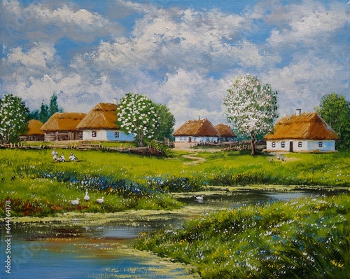 Old house on the river, old village on the river. Oil paintings rural spring landscape, artwork. Spring in the village