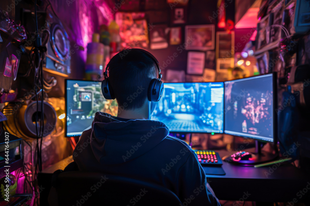 Back view of a young man playing video games in a nightclub.