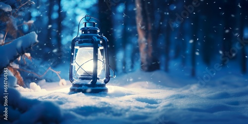 Warm winter lantern glowing on the snow. Generative AI