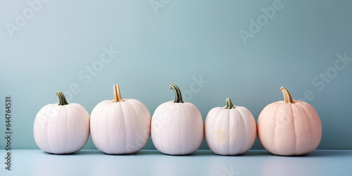 White pumpkins in a row on pastel blue background