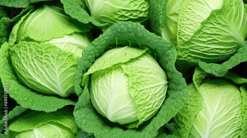 Fresh savoy cabbage in a market, closeup of green leaves