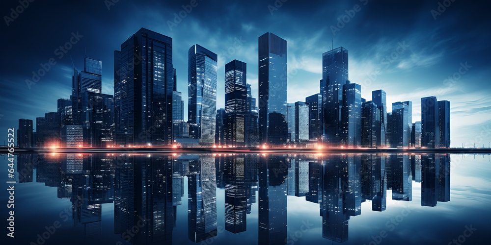 Cityscape At Night A 3d Rendering Of Downtown District Or Metropolis With A Row Of Skyscrapers Background
