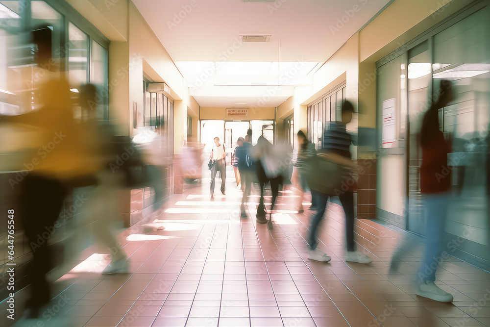 Blurred shot of high school students walking up the strs between classes in a busy school building, - obrazy, fototapety, plakaty 