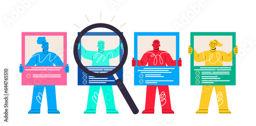 Man and woman send out resumes and look for vacancies to get job. Work Hiring Concept. Colorful vector illustration