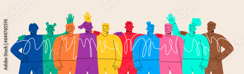 Diverse people group standing together. Happy man and woman. Teamwork, togetherness, friendship concept. Colorful vector illustration