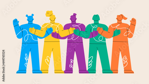 A group of women standing together and holding hands. 8 March Women's day. Colorful vector illustration