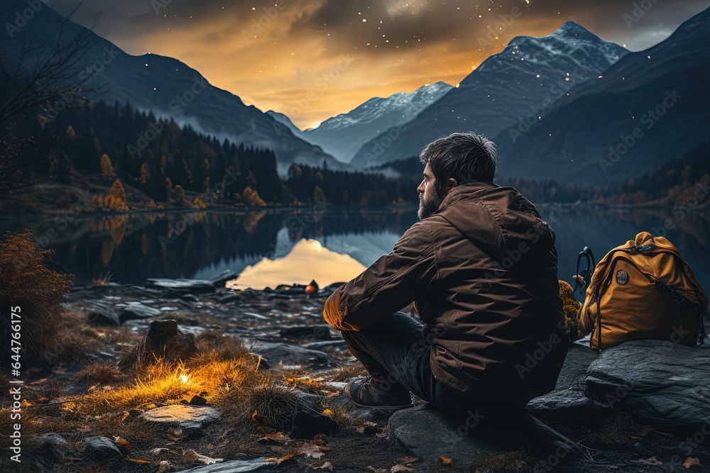 The majesty of the cosmos meets the warmth of the campfire in this tranquil scene, as a backpacker contemplates the stars above
