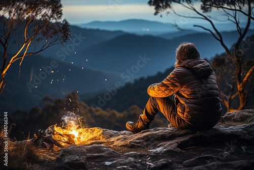 A moment of cosmic connection - a backpacker's eyes are drawn skyward as they sit by the campfire, surrounded by the wilderness