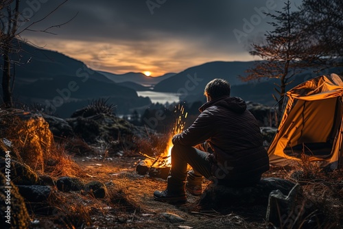 The beauty of the night sky is on full display as a backpacker enjoys the campfire's warmth while stargazing in the wilderness