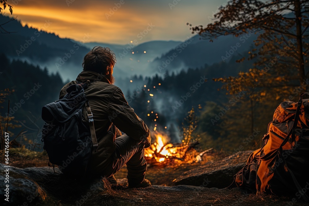 A perfect evening under the open sky - a backpacker sits by the campfire, their eyes tracing the constellations in the vast expanse above