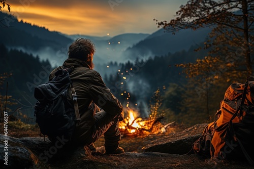 A perfect evening under the open sky - a backpacker sits by the campfire, their eyes tracing the constellations in the vast expanse above