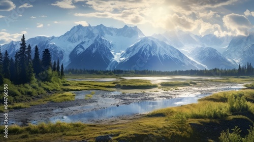 beautiful view, alaska, bright sunlight, stunning nature, professional photography, 16:9 photo
