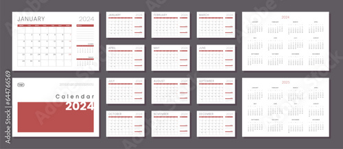 Set of Monthly pages Calendar Planner Templates 2024-2025 with Cover and place for Photo, Logo in grey and red color for print. Vector layout of a wall or desk simple calendar with week start Monday.