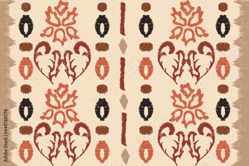 Trendy Ikkat floral seamless pattern with Hand Drawn summer flowers. Folk flowers backdrop in contemporary retro style. Textile printing on light background. Ethnic rug print. Vector illustration.