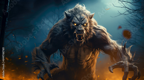 Fantasy scene with a werewolf in the forest
