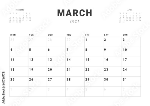 Monthly page Calendar Planner Templates of March 2024. Vector layout of simple calendar with week start Monday for print. Page for size A4 or 21x29.7 cm