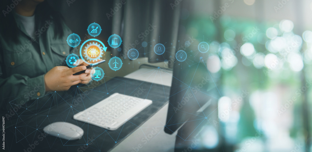Fototapeta premium Carbon credit concept. Using smartphones to exchange credits in carbon ETF applications. Investing in sustainable enterprises. Neutrally balanced carbon dioxide emissions offset net zero emissions.