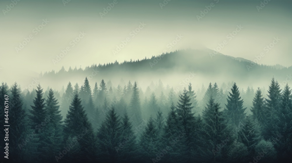 Misty landscape with fir forest, high quality, copy space, 16:9