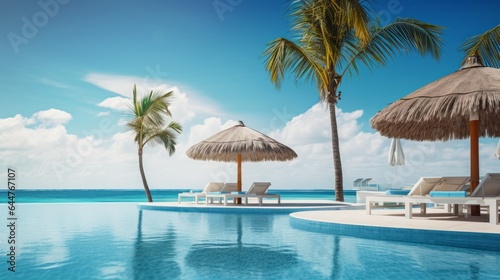 luxurious swimming pool and loungers umbrellas near beach and sea with palm trees and blue sky, copy space 16:9