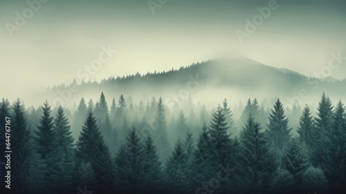 Misty landscape with fir forest, high quality, copy space, 16:9