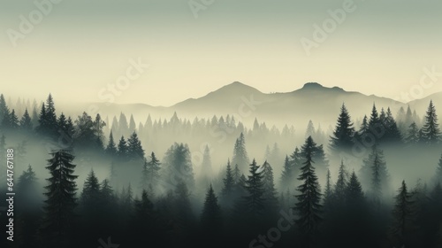 Misty landscape with fir forest, high quality, copy space, 16:9 © Christian