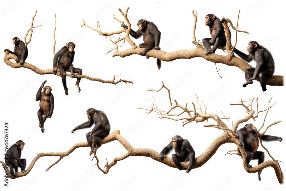 Chimpanzee sitting on a branch isolated on a white background, Chimpanzees hanging on trees in different positions on a white background, side view, AI Generated
