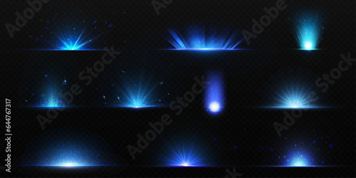 Blue explosion glow with bright light, rays and dust around flash with transparent effect. Realistic vector illustration set of magic energy glare with beams and sparkles. Star burst with radiance.