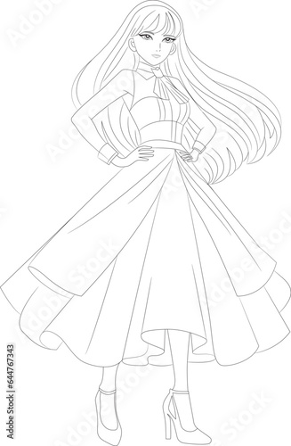 Hand-drawn vector of model in a dress coloring page