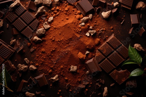 Chocolate, cocoa powder and pieces of chocolate on a black background, Chocolate background with chocolate bars, chips and cocoa powder, overhead, AI Generated