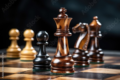 Wooden chess pieces on a chessboard. Closeup. Chess pieces on the chessboard. closeup, AI Generated
