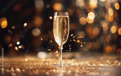 Glass of sparkling wine with festive background.