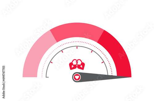 Love level quality meter vector illustration. Romantic red love scale with red heart and indicator to use in valentines day, passion, wedding design projects. 