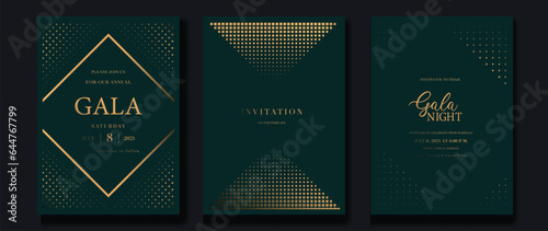 Luxury invitation card background vector. Golden curve elegant, halftone gradient on dark green color background. Premium design illustration for gala card, grand opening, party invitation, wedding.