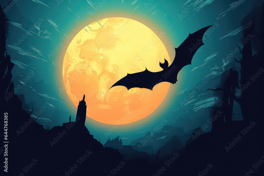 silhouette of a bat against the background of a large moon.