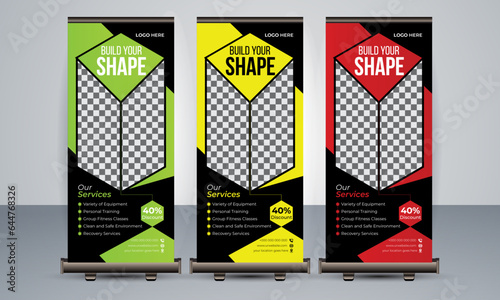 Fitness gym business standee rollup banner design vector template, Modern fitness body building and unique gym rollup banner