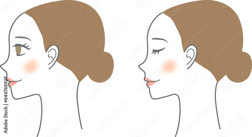 目を開けた女性と閉じた女性の横顔 目を開けた女性と閉じた女性の横顔