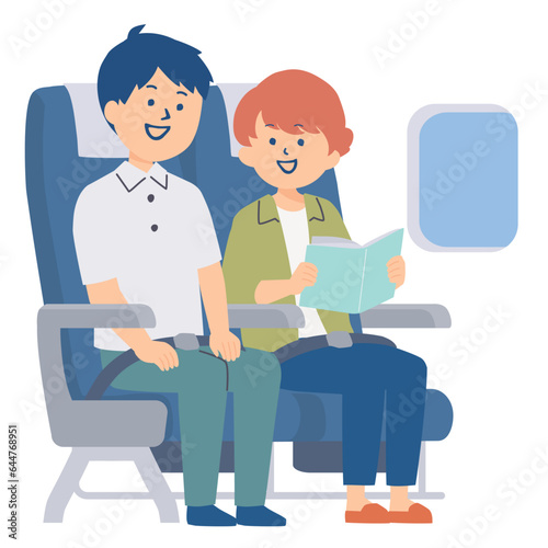 飛行機の座席に座るカップルのイラスト © perisuta