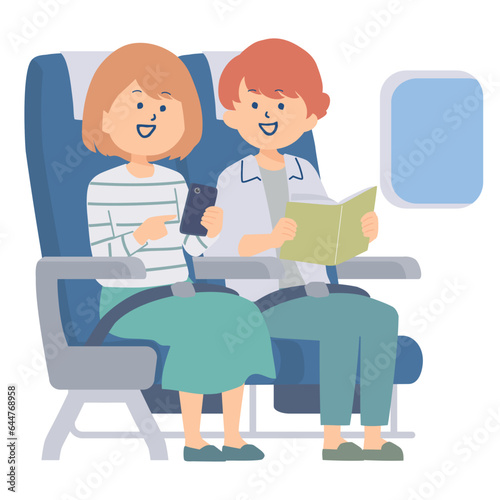友達と飛行機の座席に座っている女性のイラスト