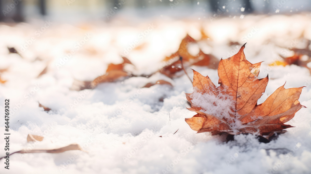 Maple leaf on a snowy winter day, Generative AI Maple leaf on a snowy winter day, Generative AI