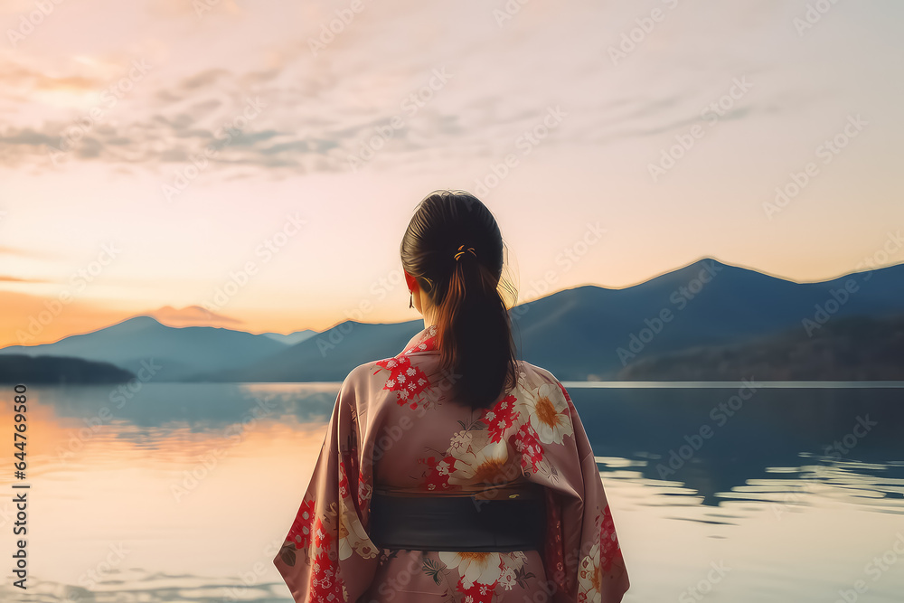 Asian woman in traditional Japanese kimono on Mount Fuji. - obrazy, fototapety, plakaty 