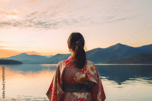 Fotografie, Obraz Asian woman in traditional Japanese kimono on Mount Fuji.