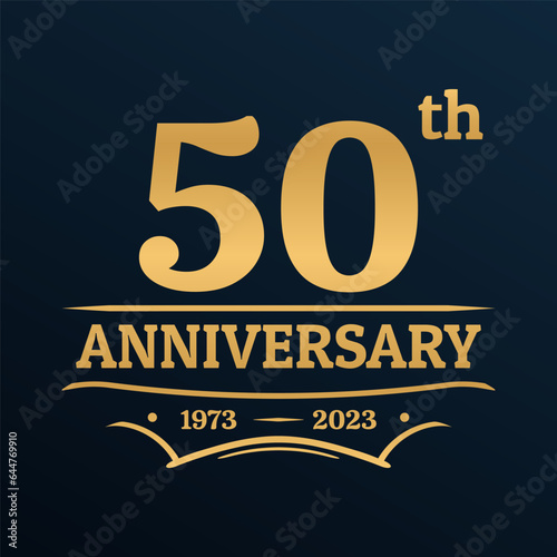 50 years anniversary golden logo, icon, label or badge. 50th jubilee, birthday celebration vintage design template. Wedding, invitation card element. Vector illustration.