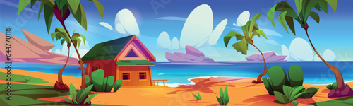 Beach hut house in summer tropical vector illustration. Bungalow resort near sea background landscape. Wood cabin for ocean vacation on hawaii. Palm tree on exotic private lagoon coast for tourism