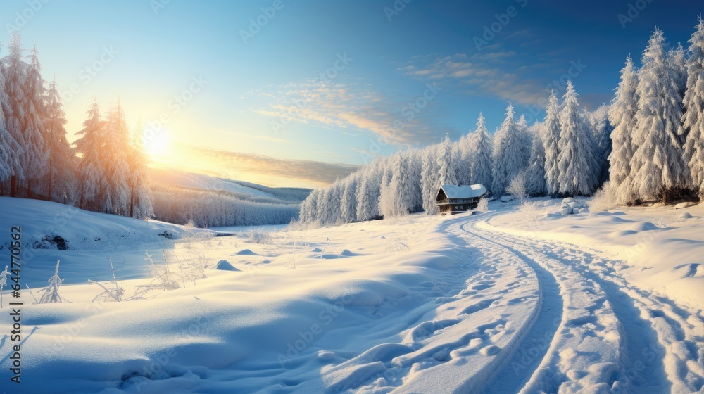 Winter landscape with dawn in forest. Winter sunrise and trees covered with snow. Winter landscape with dawn in forest. Winter sunrise and trees covered with snow.
